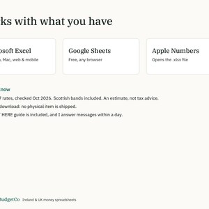May include: A digital information graphic titled Works with what you have, listing compatibility with Microsoft Excel, Google Sheets, and Apple Numbers. It includes a Good to know section with notes on 2026/27 rates, instant download, and a guide.