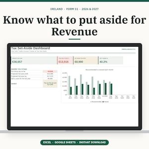 May include: A digital Tax Set-Aside Dashboard for Ireland Form 11 2026 & 2027 displayed on a screen. The interface includes financial data, tax calculations, a bar chart comparing recommended versus moved funds, and the text Excel, Google Sheets, Instant Download.