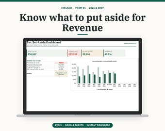May include: A digital Tax Set-Aside Dashboard for Ireland Form 11 2026 & 2027 displayed on a screen. The interface includes financial data, tax calculations, a bar chart comparing recommended versus moved funds, and the text Excel, Google Sheets, Instant Download.