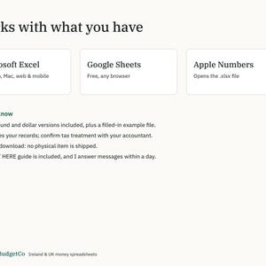 May include: A digital spreadsheet product information graphic titled Works with what you have. It lists compatibility with Microsoft Excel, Google Sheets, and Apple Numbers. Includes a Good to know section with bullet points about currency versions, record organization, and a guide. EmeraldBudgetCo Ireland & UK money spreadsheets is at the bottom.