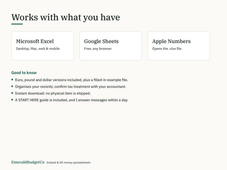 May include: A digital spreadsheet product information graphic titled Works with what you have. It lists compatibility with Microsoft Excel, Google Sheets, and Apple Numbers. Includes a Good to know section with bullet points about currency versions, record organization, and a guide. EmeraldBudgetCo Ireland & UK money spreadsheets is at the bottom.
