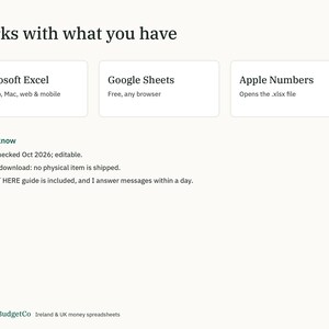 May include: A digital information graphic titled Works with what you have, listing compatibility with Microsoft Excel, Google Sheets, and Apple Numbers. It includes a Good to know section with bullet points regarding rates, downloads, and a guide.