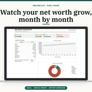 May include: A digital net worth dashboard displayed on a laptop screen. The interface features the text Watch your net worth grow, month by month, with tables, a line graph showing growth, and a donut chart categorizing assets in Euro and Pound.