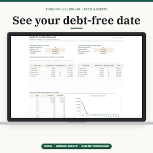 Puede incluir: Una pantalla de port&aacute;til que muestra una hoja de c&aacute;lculo Debt-Free Dashboard con tablas que comparan los m&eacute;todos de pago de deudas Snowball y Avalanche, incluyendo columnas de saldo, meses para pagar y fechas, con un gr&aacute;fico lineal de deuda total.