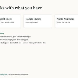 May include: An informational graphic titled Works with what you have, listing compatibility with Microsoft Excel, Google Sheets, and Apple Numbers. It includes a Good to know section detailing Euro and pound versions, digital delivery, and a START HERE guide.