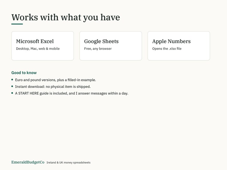 May include: An informational graphic titled Works with what you have, listing compatibility with Microsoft Excel, Google Sheets, and Apple Numbers. It includes a Good to know section detailing Euro and pound versions, digital delivery, and a START HERE guide.