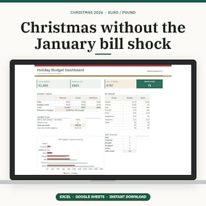 May include: A digital Holiday Budget Dashboard displayed on a laptop screen. The interface includes sections for total budget, spending, savings plans, and gift status. Text reads: Christmas 2026, Christmas without the January bill shock, and Excel Google Sheets.