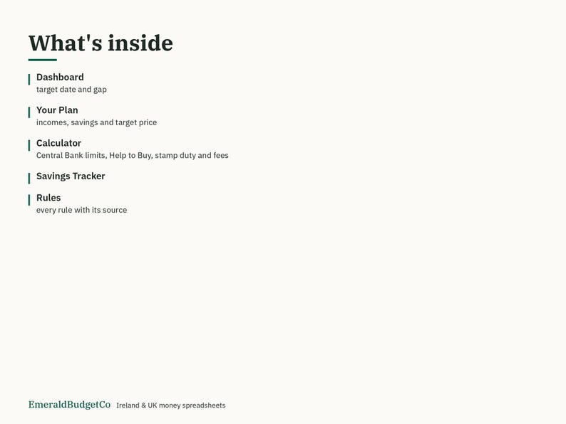 May include: A digital document titled What's inside, listing features including Dashboard, Your Plan, Calculator, Savings Tracker, and Rules. The text includes details like target date, gap, incomes, savings, target price, Central Bank limits, Help to Buy, stamp duty, fees, and source. EmeraldBudgetCo Ireland & UK money spreadsheets is at the bottom.