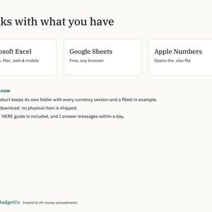 May include: An informational graphic titled Works with what you have, listing compatibility with Microsoft Excel, Google Sheets, and Apple Numbers. It includes a Good to know section with bullet points about folders, digital delivery, and a guide.