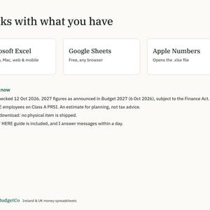 May include: A digital information graphic titled Works with what you have, listing compatibility with Microsoft Excel, Google Sheets, and Apple Numbers. It includes a Good to know section with tax-related notes and EmeraldBudgetCo branding.