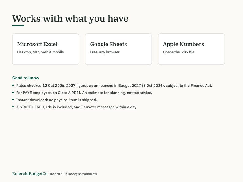 May include: A digital information graphic titled Works with what you have, listing compatibility with Microsoft Excel, Google Sheets, and Apple Numbers. It includes a Good to know section with tax-related notes and EmeraldBudgetCo branding.