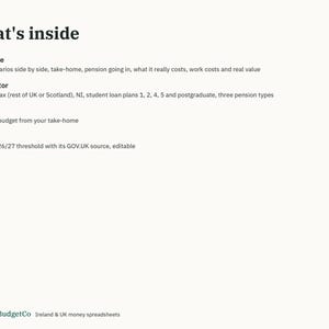 May include: A digital document titled What's inside, listing features: Compare four scenarios, Calculator for Income Tax, NI, student loans and pensions, Budget for monthly take-home, and Rates for 2026/27 thresholds. EmeraldBudgetCo Ireland & UK money spreadsheets.