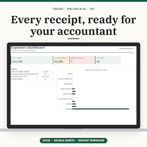 May include: A digital expenses dashboard displayed on a laptop screen, featuring the text 'Every receipt, ready for your accountant' and 'Expenses Dashboard' with data tables and a bar chart showing spending by category in Euros.