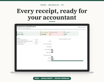 May include: A digital expenses dashboard displayed on a laptop screen, featuring the text 'Every receipt, ready for your accountant' and 'Expenses Dashboard' with data tables and a bar chart showing spending by category in Euros.