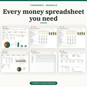 May include: A digital collection of seven financial spreadsheets for Ireland and the UK, featuring the text 'Every money spreadsheet you need' and '7 PRODUCTS IN ONE DOWNLOAD'. The layout displays six distinct dashboard interfaces with charts, tables, and data.