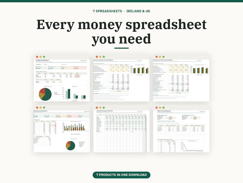 May include: A digital collection of seven financial spreadsheets for Ireland and the UK, featuring the text 'Every money spreadsheet you need' and '7 PRODUCTS IN ONE DOWNLOAD'. The layout displays six distinct dashboard interfaces with charts, tables, and data.
