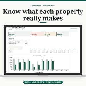 May include: A digital Landlord Dashboard interface displayed on a laptop screen. The dashboard features financial data including rent, income, expenses, net profit, and cash flow in euros, alongside a monthly income and net profit bar chart.