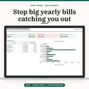 May include: A digital Sinking Funds Dashboard displayed on a laptop screen. The interface features financial tracking tables, a bar chart for savings targets, and the text: Stop big yearly bills catching you out, Euro / Pound, Excel & Sheets.