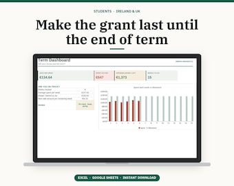 Puede incluir: Un panel de control de trimestre en una pantalla de portátil con datos financieros para estudiantes en Irlanda y el Reino Unido. La interfaz incluye resúmenes de presupuesto, gráficos de gastos semanales y el texto Make the grant last until the end of term.
