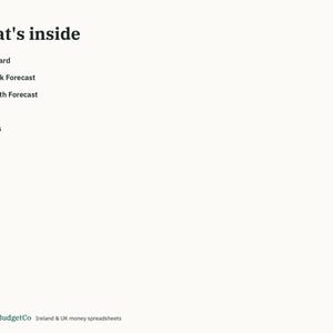 以下が含まれることがあります： What's insideというタイトルのデジタル文書。Dashboard、13-Week Forecast、12-Month Forecast、Actuals、Settingsという項目が記載されています。下部にはEmeraldBudgetCo Ireland & UK money spreadsheetsと書かれています。