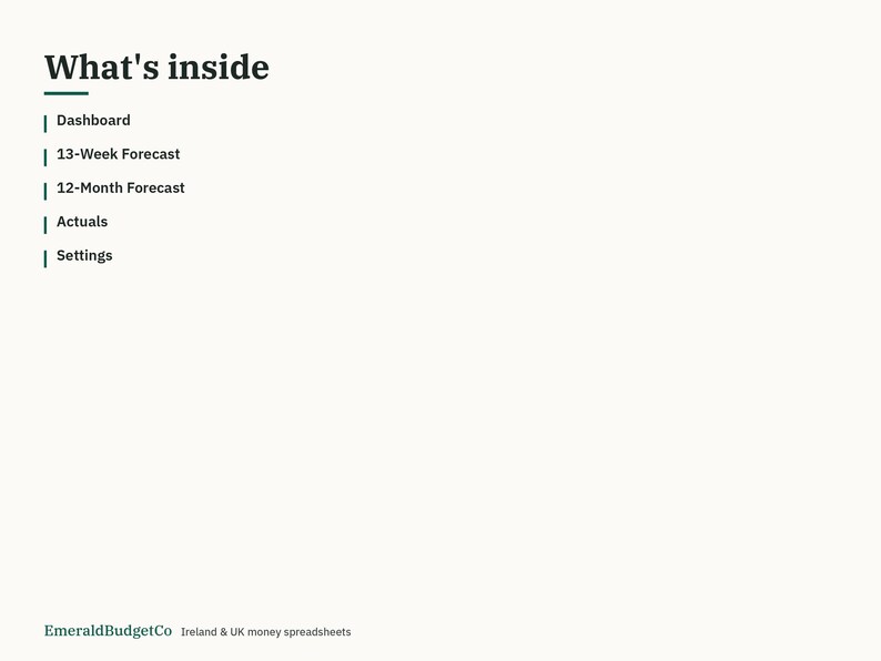 以下が含まれることがあります： What's insideというタイトルのデジタル文書。Dashboard、13-Week Forecast、12-Month Forecast、Actuals、Settingsという項目が記載されています。下部にはEmeraldBudgetCo Ireland & UK money spreadsheetsと書かれています。