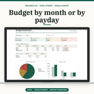May include: A digital budget dashboard displayed on a laptop screen, featuring tables and charts for tracking income, spending, and savings. The interface includes text labels like Budget by month or by payday, Ireland & UK, Euro / Pound, Excel & Sheets.