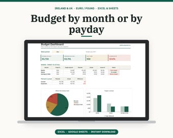 アイルランドとイギリスの予算プランナー、給与明細別予算、隔週予算、月間予算スプレッドシート（​​ユーロ/ポンド）、Google スプレッドシート（​​Excel）