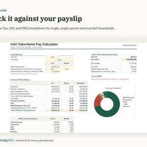 May include: A digital Irish Take-Home Pay Calculator spreadsheet interface displaying tax year 2026 details, annual calculations, and a circular donut chart for gross pay breakdown. The text includes Check it against your payslip.