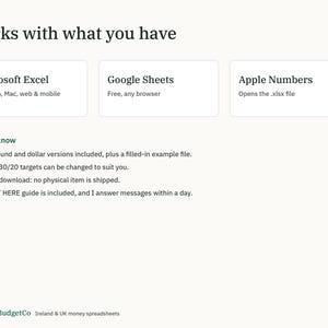 May include: A digital information graphic titled Works with what you have, listing compatibility with Microsoft Excel, Google Sheets, and Apple Numbers. It includes a Good to know section detailing currency versions, 50/30/20 targets, and a START HERE guide.