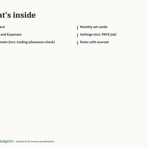 May include: A digital document titled What's inside, listing features: Dashboard, Income and Expenses, Tax Estimate (incl. trading allowance check), Monthly set-aside, Settings (incl. PAYE job), and Rules with sources. EmeraldBudgetCo Ireland & UK money spreadsheets.