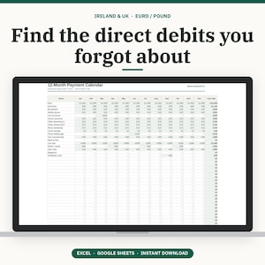 May include: A laptop screen displaying a 12-Month Payment Calendar spreadsheet with rows for various expenses and columns for months. The text reads Find the direct debits you forgot about, Ireland & UK, Euro / Pound, and Excel, Google Sheets, Instant Download.