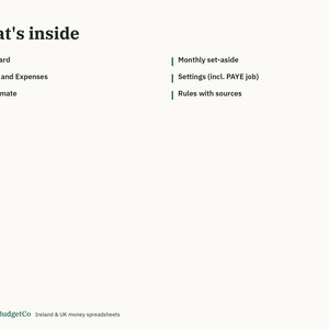 Może przedstawiać: Cyfrowy dokument zatytułowany What's inside, zawierający listę funkcji: Dashboard, Income and Expenses, Tax Estimate, Monthly set-aside, Settings (incl. PAYE job) oraz Rules with sources. Na dole znajduje się tekst EmeraldBudgetCo Ireland & UK money spreadsheets.