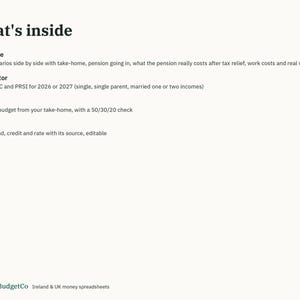 May include: A digital document titled What's inside, listing features: Compare four scenarios, Calculator for PAYE, USC and PRSI for 2026 or 2027, Budget with a 50/30/20 check, and Rates for bands and credits. EmeraldBudgetCo Ireland & UK money spreadsheets.