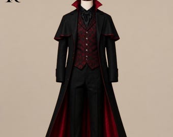 Mens Victorian Gothic Suit, Black Vampire Frock Coat with Red Brocade Waistcoat, Gothic Gentleman Halloween Outfit, Gothic Outfit, Prom Suit