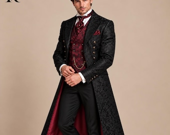Men Gothic Wedding Suit Victorian Black Brocade Frock Coat, Burgundy Waistcoat, Vampire Groom Attire, Steampunk Formal Outfit Regency Outfit