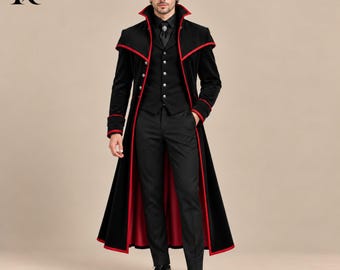 Mens Gothic Vampire Costume, Black Red Victorian Long Coat Suit, Dracula High Collar Tailcoat, Halloween Dark Fantasy Cosplay Outfit
