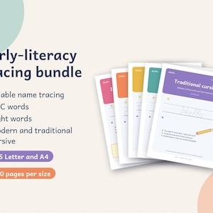 May include: An early-literacy tracing bundle featuring five stacked educational worksheets with colorful headers. The text includes Early-literacy tracing bundle, Fillable name tracing, CVC words, Sight words, Modern and traditional cursive, US Letter and A4, and 200 pages per size.