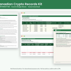May include: A digital Canadian Crypto Records Kit featuring Excel and Google Sheets templates. The documents include a Start Here guide, a Transactions log, a Superficial Loss Flag tracker, and a worksheet example for tracking cryptocurrency data.
