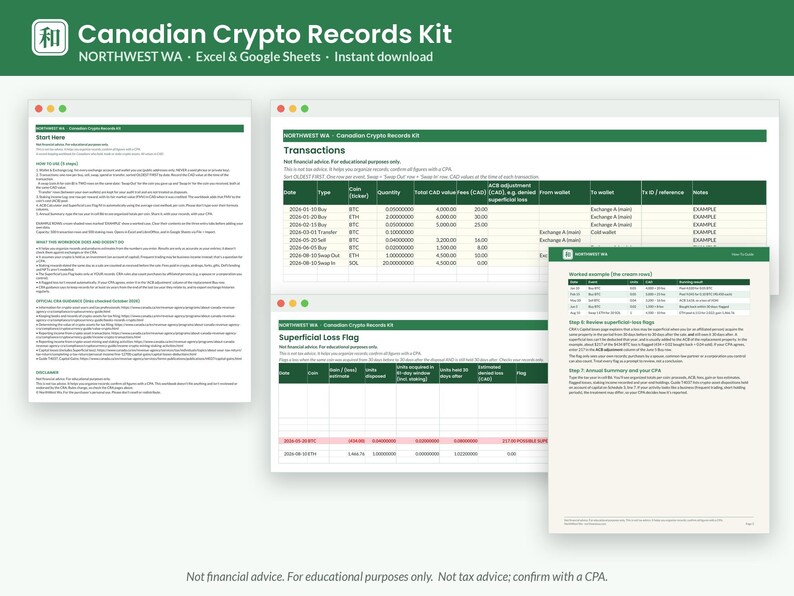 May include: A digital Canadian Crypto Records Kit featuring Excel and Google Sheets templates. The documents include a Start Here guide, a Transactions log, a Superficial Loss Flag tracker, and a worksheet example for tracking cryptocurrency data.