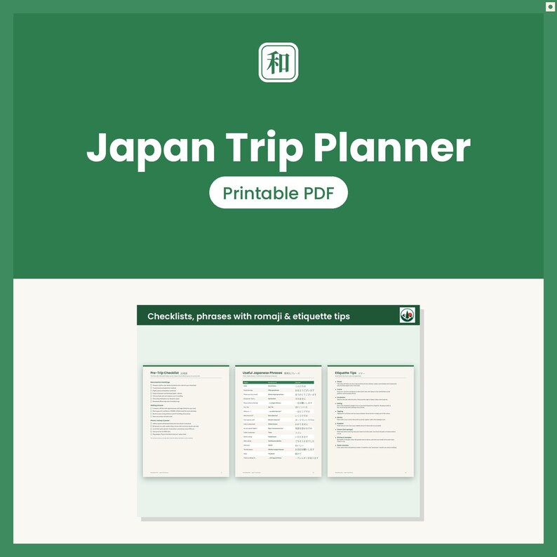 Japan Trip Planner Printable, Japan Travel Itinerary & Packing List, Yen Budget Tracker, Japanese Phrases, Etiquette Guide PDF image 1