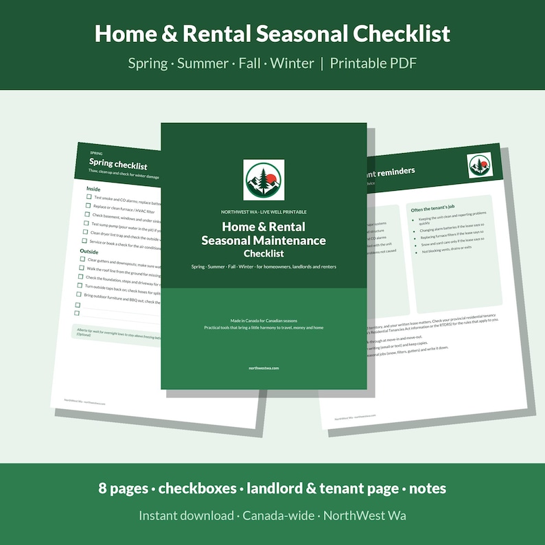 May include: A Home & Rental Seasonal Maintenance Checklist printable PDF document featuring a dark green cover with a mountain and sun logo. The set includes eight pages with checkboxes, maintenance tasks for spring, summer, fall, and winter, and a tenant page.