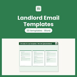 May include: A digital product featuring Landlord Email Templates with 20 templates in Word format. The graphic displays the text Landlord Email Templates, 20 templates Word, and 20 ready-to-use templates fill in the placeholders.