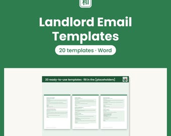 May include: A digital product featuring Landlord Email Templates with 20 templates in Word format. The graphic displays the text Landlord Email Templates, 20 templates Word, and 20 ready-to-use templates fill in the placeholders.