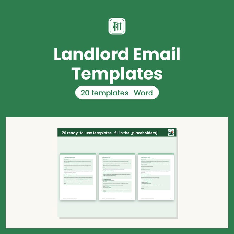 K&ouml;nnte beinhalten: Ein digitales Produkt mit Vermieter-E-Mail-Vorlagen mit 20 Vorlagen im Word-Format. Die Grafik zeigt den Text Landlord Email Templates, 20 templates Word und 20 ready-to-use templates fill in the placeholders.