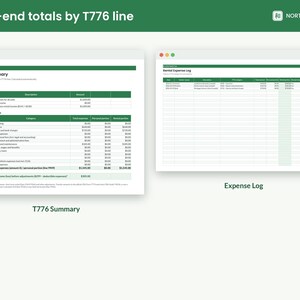 May include: A digital spreadsheet document titled Year-end totals by T776 line from Northwest WA. It displays a T776 Summary table with income and expense categories, alongside a Rental Expense Log table with columns for date, description, and amount.