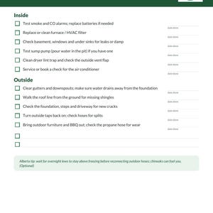 May include: A white Spring checklist document with green headers. It lists tasks for inside and outside home maintenance, including checking alarms, filters, gutters, and foundations. It features a mountain logo and the text NorthWest Wa.