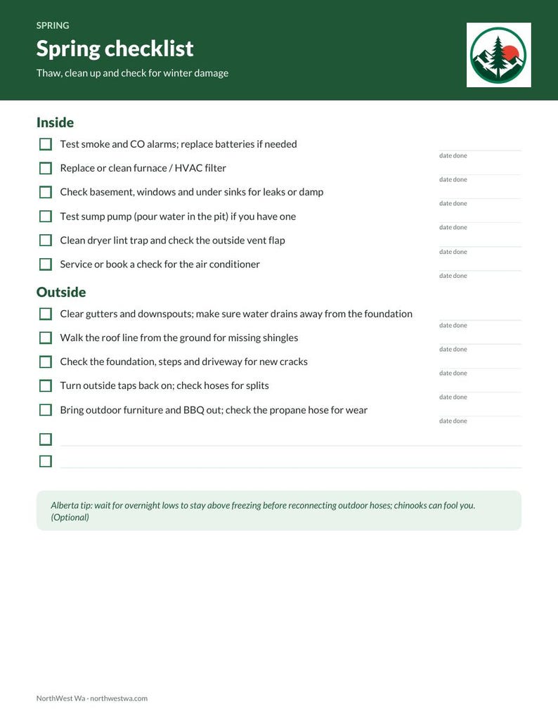 May include: A white Spring checklist document with green headers. It lists tasks for inside and outside home maintenance, including checking alarms, filters, gutters, and foundations. It features a mountain logo and the text NorthWest Wa.