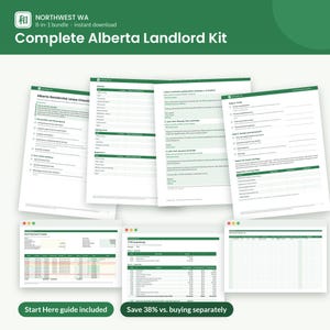 Pu&ograve; includere: Un pacchetto digitale intitolato Complete Alberta Landlord Kit contenente diversi documenti stampabili, tra cui una lista di controllo per contratti di locazione, rapporti sulle condizioni della propriet&agrave;, tracker dei pagamenti dell'affitto e moduli di verifica in verde e bianco.