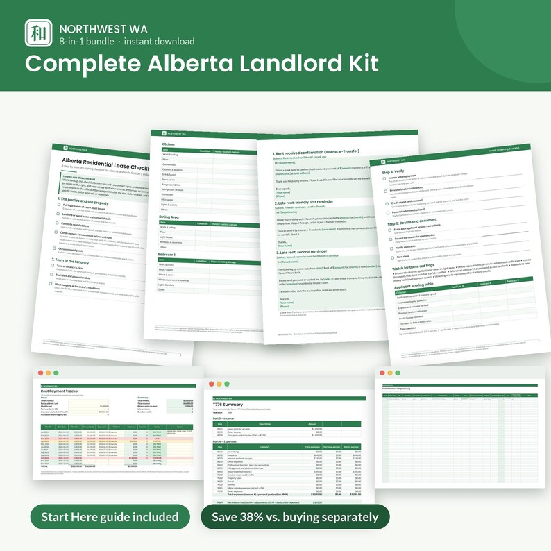 Pu&ograve; includere: Un pacchetto digitale intitolato Complete Alberta Landlord Kit contenente diversi documenti stampabili, tra cui una lista di controllo per contratti di locazione, rapporti sulle condizioni della propriet&agrave;, tracker dei pagamenti dell'affitto e moduli di verifica in verde e bianco.