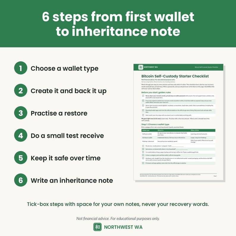 May include: A Bitcoin Self-Custody Starter Checklist document with six numbered steps from first wallet to inheritance note. The page includes a table for choosing a wallet type, checkboxes for golden rules, and space for notes, all set against a green background.